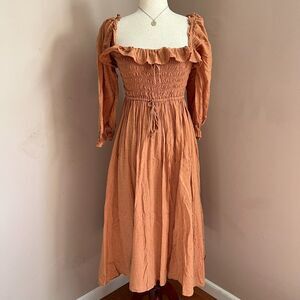 R.YIPOSHA Brown Swiss Dot Smocked Midi Dress Puff Sleeve Cottagecore Prairie M